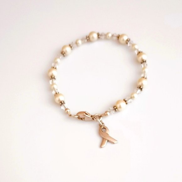 925 Pearl & Crystal Bracelet 7.5" SIC Sterling Silver Breast Cancer Awareness - Picture 9 of 9